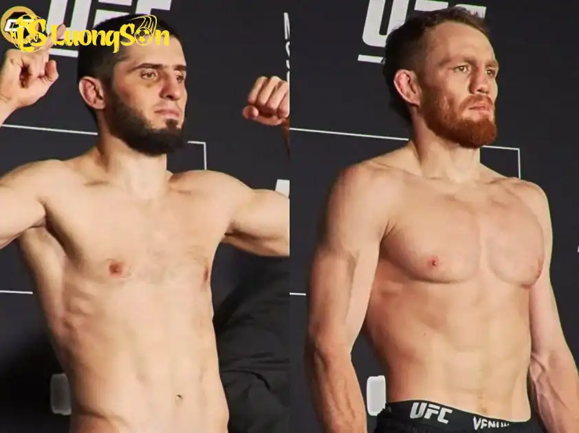 Islam Makhachev (trái) và Jack Della Maddalena (phải) ở buổi cân chính thức UFC 322
